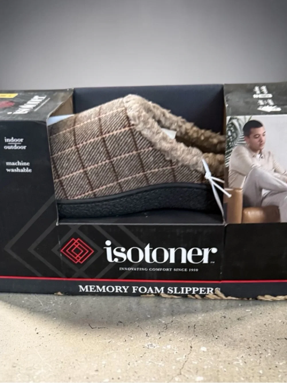 isotoner Men's Brown Plaid Slip-On Memory Foam Slippers